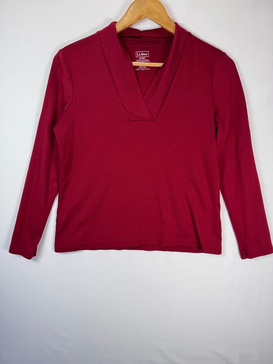 L.L.Bean Tops - L.L.Bean Supima Cotton Shawl Collar Top New England Preppy Red S Petite